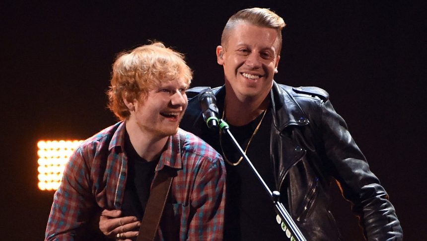 ed sheeran and macklemore together in 2014 in las vegas, nevada. photograph ethan miller, getty images