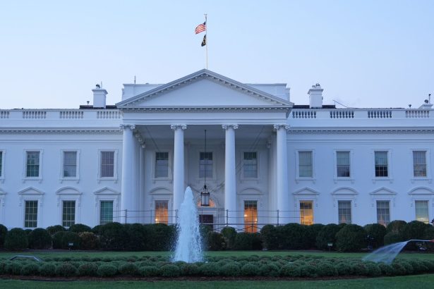 The White House featuring a central fountain and groundskeeper.