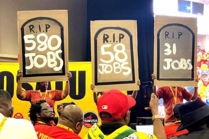 Members of the South African Clothing and Textile Workers Union hold up placards showing the number of jobs that could be lost by 2030 in the clothing, textile and manufacturing industries. (Photo: Naledi Mashishi)