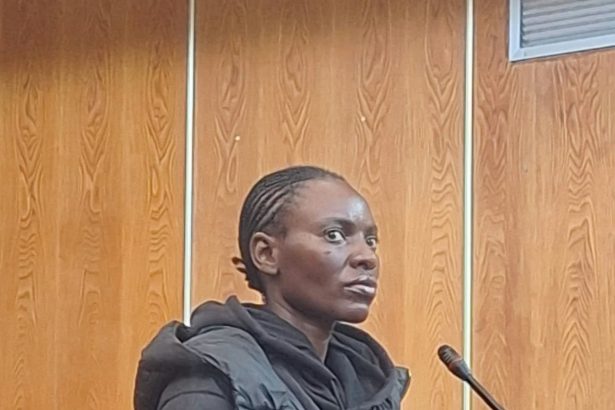 Woman stands at microphone in wood-panelled courtroom